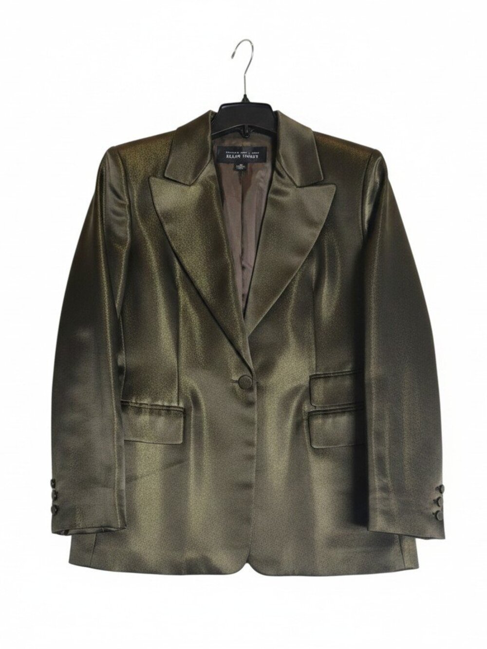 Vintage Linda Allard Ellen Tracy Olive Green Silk Metallic Blazer Size 10